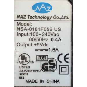 CARGADOR / ADAPTADOR DE FUENTE DE ALIMENTACION NAZ  VCA-VCD / NUMERO DE PARTE NSA-0181F05B / ENTRADA VCA 100-240V~ 60/50HZ 0.4A / SALIDA VCD 5V 1.6A / MODELO NSA-0181F05B